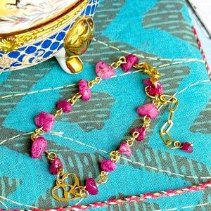 Untreated ruby gold heart rosary link adjustable bracelet/devotion /protection